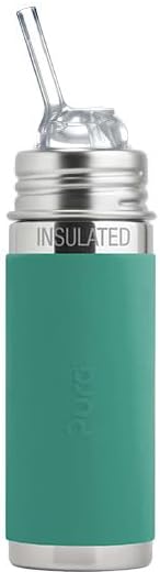 Pura Kiki 9oz/260 ml Stainless Steel Insulated Bottle w/Silicone Straw & Sleeve, 100% Plastic-Free, MadeSafe Certified, 100% Medical-Grade Silicone Straw for Kids, Toddlers, Babies & Infant - New Mint