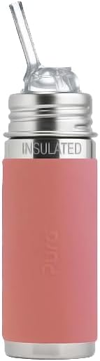 Pura Kiki 9oz/260 ml Stainless Steel Insulated Bottle w/Silicone Straw & Sleeve, 100% Plastic-Free, MadeSafe Certified, 100% Medical-Grade Silicone Straw for Kids, Toddlers, Babies & Infant - New Rose