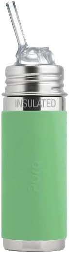 Pura Kiki 9oz/260 ml Stainless Steel Insulated Bottle w/Silicone Straw & Sleeve, 100% Plastic-Free, MadeSafe Certified, 100% Medical-Grade Silicone Straw for Kids, Toddlers, Babies & Infant - New Moss