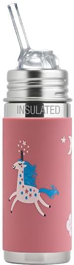 Pura Kiki 9oz/260 ml Stainless Steel Insulated Bottle w/Silicone Straw & Sleeve, 100% Plastic-Free, MadeSafe Certified, Medical-Grade Silicone Straw for Kids, Toddlers, Babies & Infant - New Unicorn