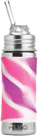 Pura Kiki 11oz/325ml Stainless Steel Straw Bottle w/Sleeve, 100% Plastic-Free, MadeSafe Certified, 100% Medical-Grade Silicone Straw for Kids, Toddlers, Preschoolers, Babies & Infant - New Pink Swirl