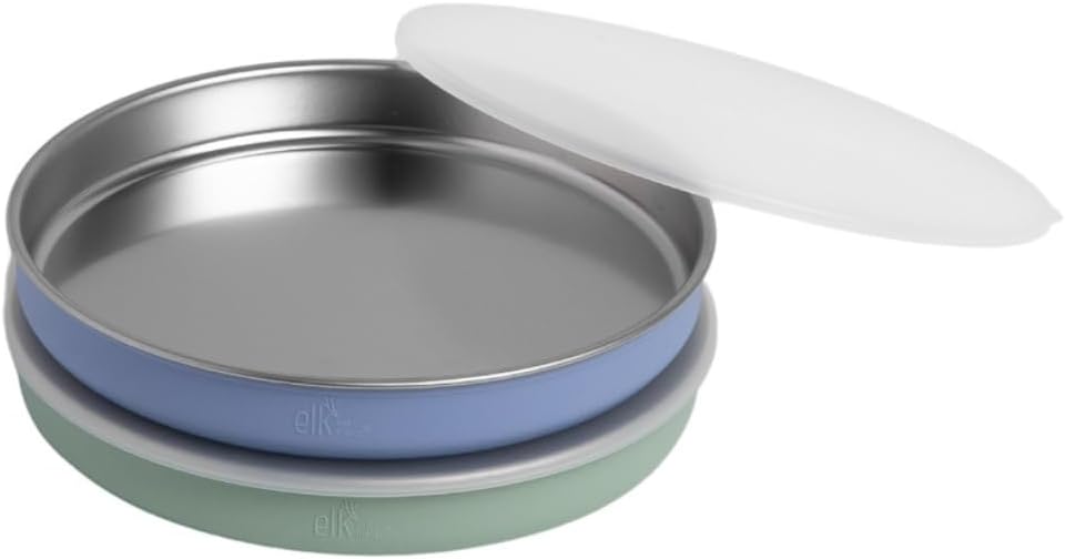 Elk and Friends 7.8” Stainless Steel Non Divided Plates with Silicone Sleeve + Storage Lid | Baby, Toddler, Kids | Dishwasher Safe | Dinner & Snack Plates | 2 Pack