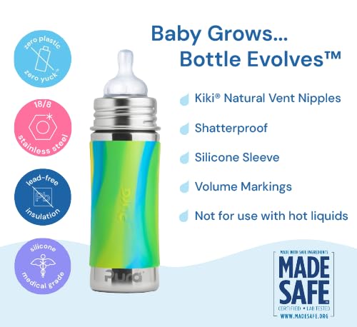 Pura Kiki 9oz/275ml Stainless Steel Infant Bottle w/Sleeve, Anti-Colic, 100% Plastic-Free, MadeSafe Certified, Medical-Grade Silicone, Medium-Flow Nipple, for Babies 3 Months & Up - Aqua