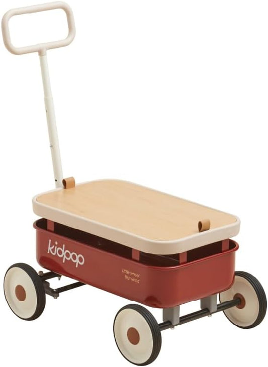 kidpop PULA-Wild 3-in-1 Kids' Pull-Along Wagon Toddlers Push Walker for 2.5-8, Removable Wooden Cover and Adjustable Handlebar, Birthday Gifts Max Weight 33 lbs (Red)