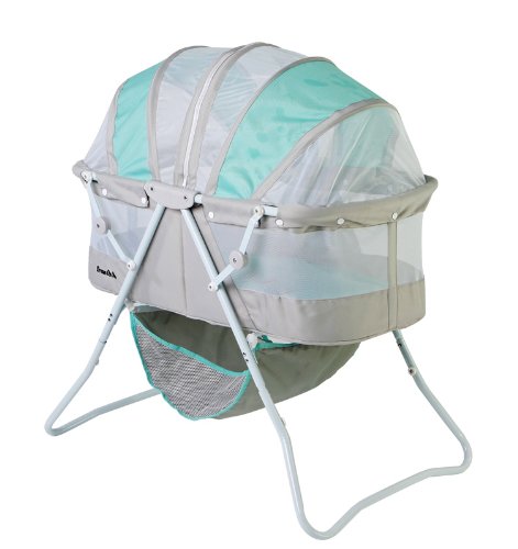 Dream On Me Karley Bassinet in Blue & Grey, Lightweight Portable Baby Bassinet, Quick Fold and Easy to Carry , Adjustable Double Canopy, Indoor and Outdoor Bassinet with Large Storage Basket.
