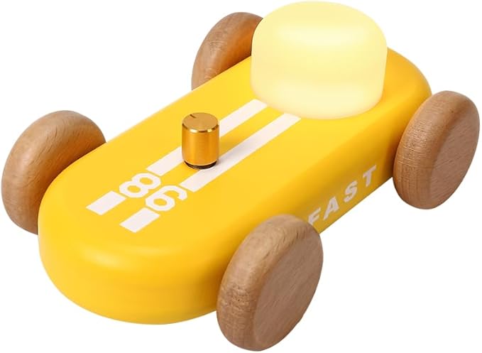Wooden Go-Kart Night Light for Kids, 7 Color Adjustable, USB Rechargeable (Yellow)