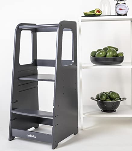 dadada Baby Montessori Toddler Tower - Adjustable Kitchen Step Stool for Kids with Safety Rail - Baby-Safe Finish, Encourages Cooking Skills and Independence - Graphite