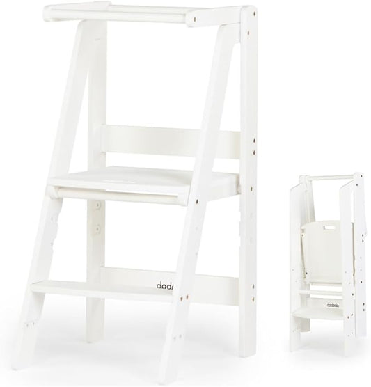 dadada Baby Foldable Montessori Tower - Adjustable Kitchen Step Stool for Kids with Safety Rail, Non-Toxic Finish, Great for Small Space Living (White)
