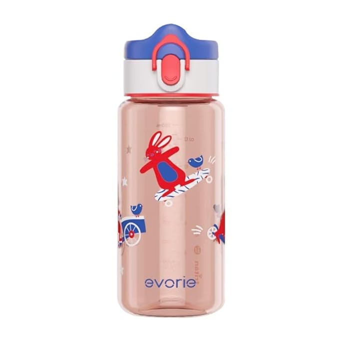 Evorie Kids Water Bottle for School, No Straw 13oz BPA Free Tritan Bottle, Leak Proof with Flip Top Lightweight for Outdoor (Red Rabit)