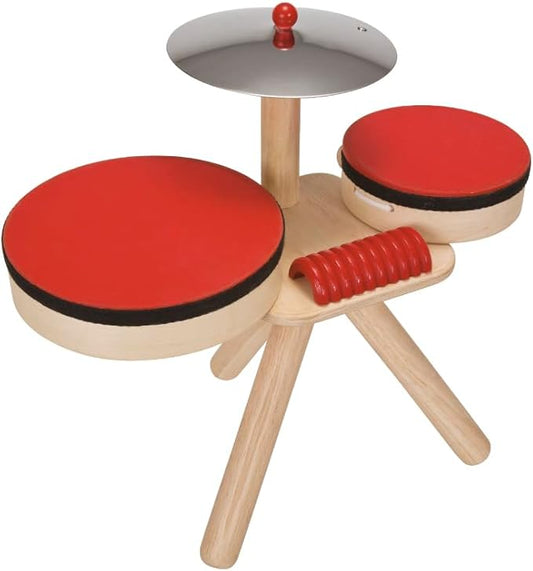 PlanToys Musical Band Toddler Drum Set Sustainably-Made with 2 Different-Sized Drums, Pair of Rubber-Coated Drumsticks, Cymbal, and Guiro to Explore Creativity