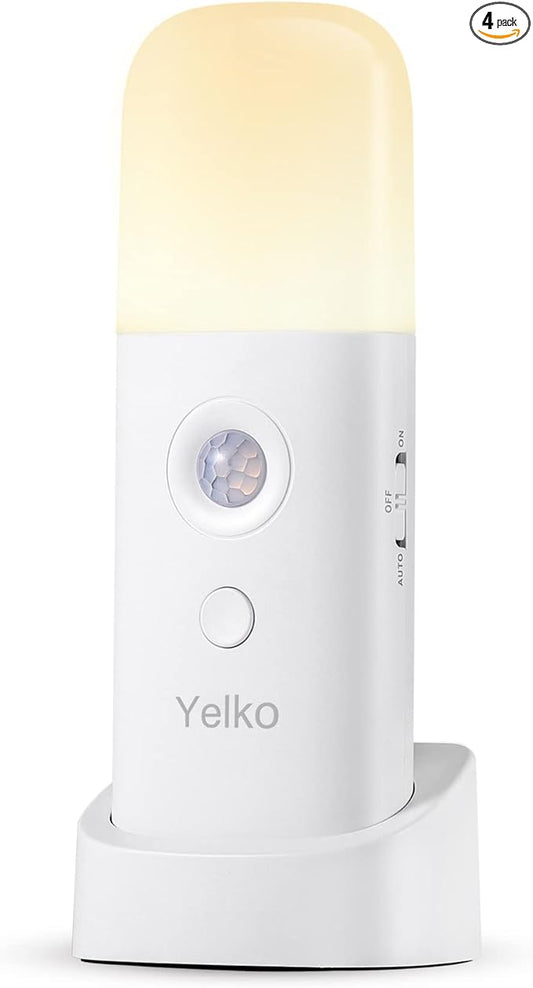 YELKO Rechargeable Motion Sensor Night Light, Battery Operated nightlights, Dimmable Motion Sensor Light Indoor, Cordless Motion Activated Night Lights for Adults, Hallway (Cool White 4Pack)