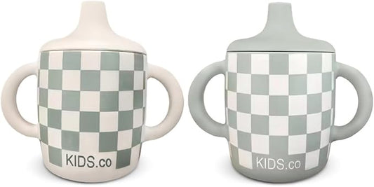 Silicone Sippy Cups with Easy Grip Transition Handles and a Soft Spout. A Non Txoic No Spill Unbreakable Training Cup. 150ml/5oz |2-PACK Sandy Shore & Green Checkers|