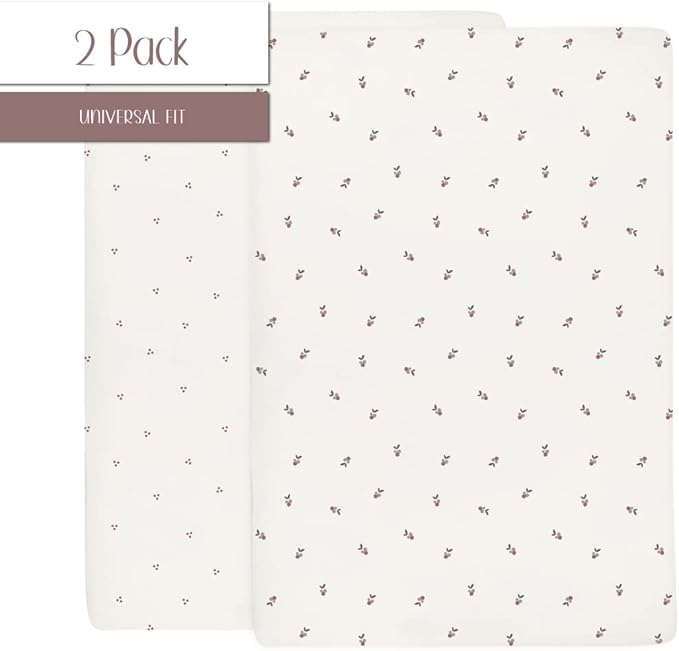 Ely's & Co. Patent Pending Waterproof Pack and Play Sheets, 100% Cotton with Waterproof Lining – 2 Pack Fitted Mini Crib Sheet Set, Berry and Cluster Dot (Lavender) 38” x 24”