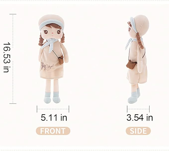 16" Exclusive New MeToo Princess Doll, Cute Pigtail-Girl with a Hat Plush Doll, Soft Dolls Baby Doll Girl Gifts, Non-Toxic Soft Skin-Friendly PP Cotton Plush Stuffed Angela Doll (Khaki)