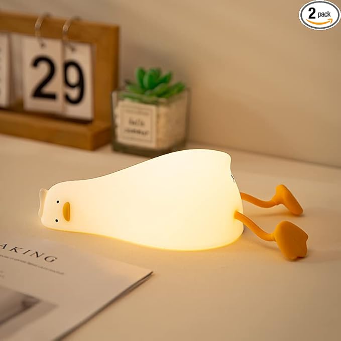Kibbidea Cute Duck Night Light, Lazy Duck Squishy Lamp Touch Control, Non-Toxic Silicone, Funny Bedside Animal Nightlight with Timer & Rechargeable for Kids Room Desk Decor, Gifts for Girl,Boy,Women