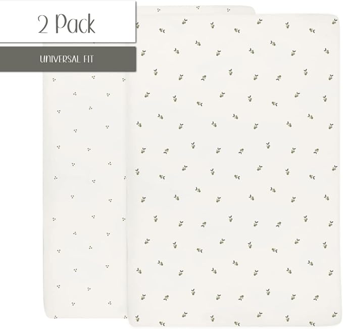 Ely's & Co. Patent Pending Waterproof Crib Sheets, 100% Cotton with Waterproof Lining - Built in Crib Mattress Protector, 2 Pack Fitted Toddler Sheet Set, Berry and Cluster Dot (Sage) 28” x 52”