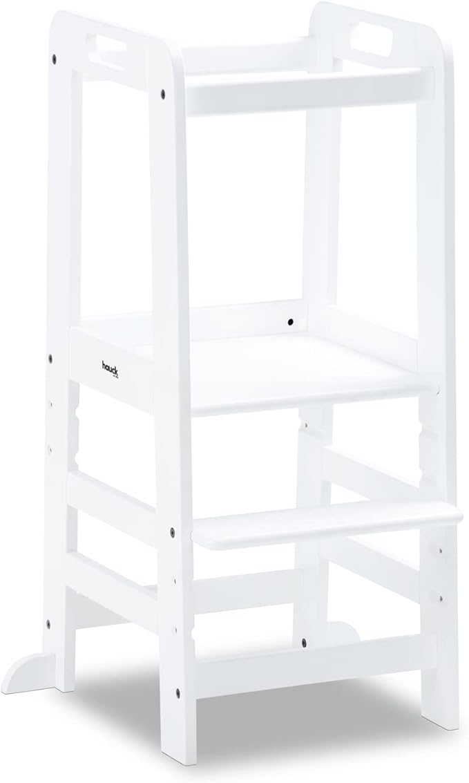Hauck Learn N Explore Montessori Toddler Tower, Adjustable Wooden Kitchen & Bathroom Step Stool Helper for Home Use with Kids Ages 1+, White