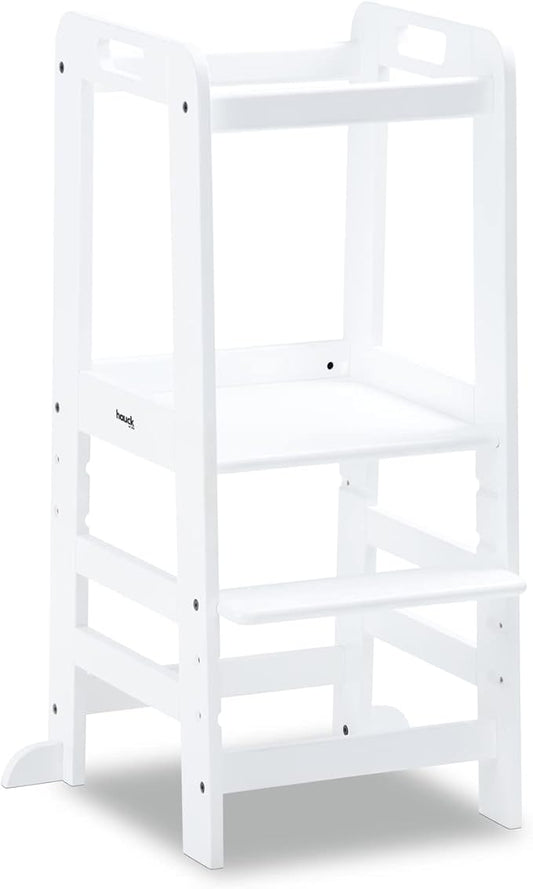 Hauck Learn N Explore Montessori Toddler Tower, Adjustable Wooden Kitchen & Bathroom Step Stool Helper for Home Use with Kids Ages 1+, White