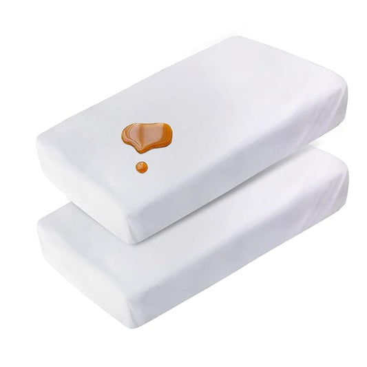 Travel Crib Sheets Cotton for Guava Lotus, Dream on Me Travel Crib and 42" X 24" Travel Light Playard Mattress, Soft & Breathable Waterproof Fitted Sheet 2 Pack, Boys & Girls White