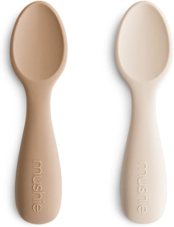 mushie Silicone Toddler Starter Spoons | 2 Pack (Natural/Shifting Sand)