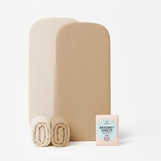 Bassinet Sheets 33x17 Inches 2 Pack Light Brown & Beige Neutral Bassinet Sheets Boy/Girl, Soft Fitted Bassinet Sheet for Oval & Rectangle Mattress, Stay Snug Design, Gentle, Breathable