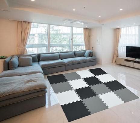 16 Pieces Foam Play Mat with Border, Interlocking Playmat Tiles, Foam Floor Mat Tiles for Kids, Puzzle Play Mats, Exercise Gym Mats – Color of Black & Grey & White