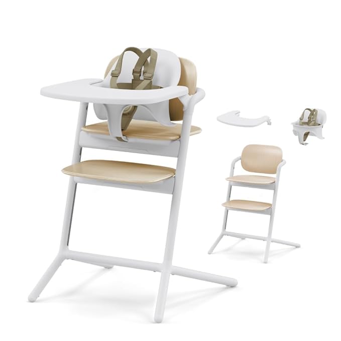 Cybex LEMO High Chair 3-in-1 Set with Baby Set + Snack Tray - Modern Design, One-Hand Depth & Height Adjustment & Anti-Tip Wheels - from 6 Months, Convertible to Adult Chair, Sand White
