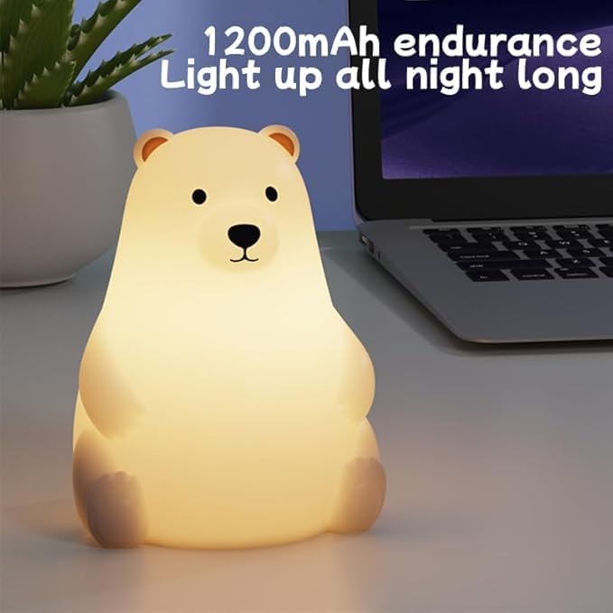 Polar Bear Silicone Night Light for Kids Nursery Bedroom - Tap Control, 3 Adjustable Brightness, USB Rechargeable, Child-Safe Soft Glow LED Lamp, Baby Gift Idea
