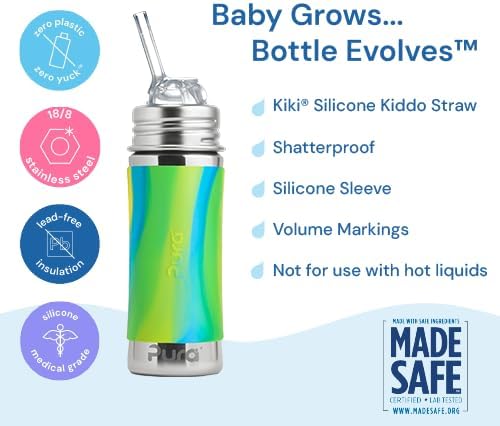 Pura Kiki 11oz/325ml Stainless Steel Straw Bottle w/Sleeve - 100% Plastic-Free, MadeSafe Certified, 100% Medical-Grade Silicone Straw for Kids, Toddlers, Preschoolers, Babies & Infant - New Mint