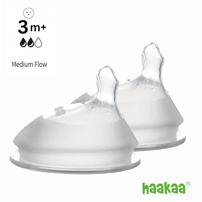 Haakaa Generation 3. Silicone Baby Bottle Nipples, Orthodontic, Anti-Colic, Wide Neck, 100% Medical Grade Silicone, Fit All Haakaa Baby Bottles, 2 PK (Size M)