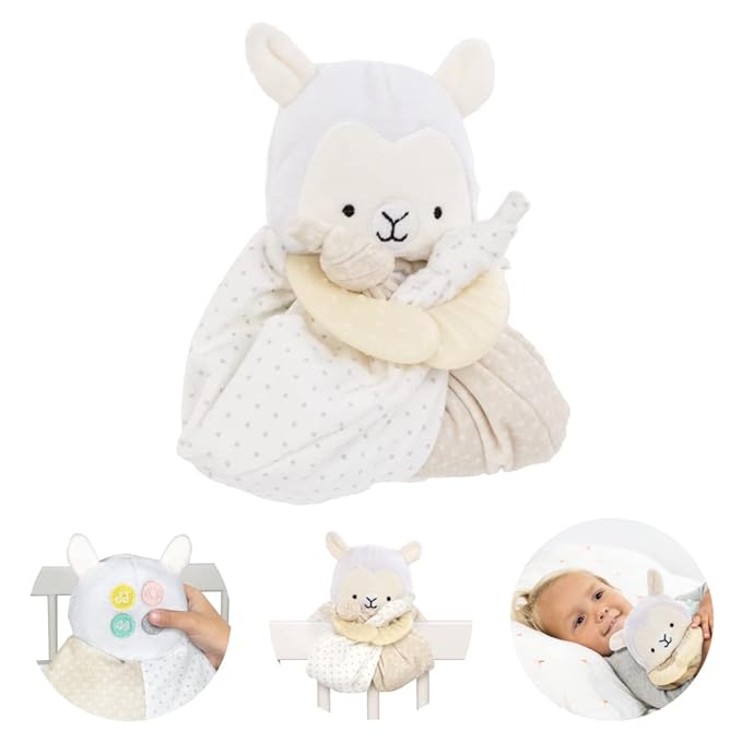 Lulyboo Lovey Baby Sleep Soother & Teether - Plush Security Blanket with Music, White Noise, Vibration, Detachable Silicone Teethers, Universal Crib Attachment, Llama Design, BPA-Free