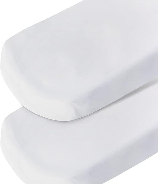 Bassinet Sheet 2 Pack Cotton Fitted Sheets Set for Oval Rectangle Hourglass Bassinet Mattress and Moses Baskets, Super Soft and Breathable Cover for Baby Girl Boy 32''x16''x4'', White