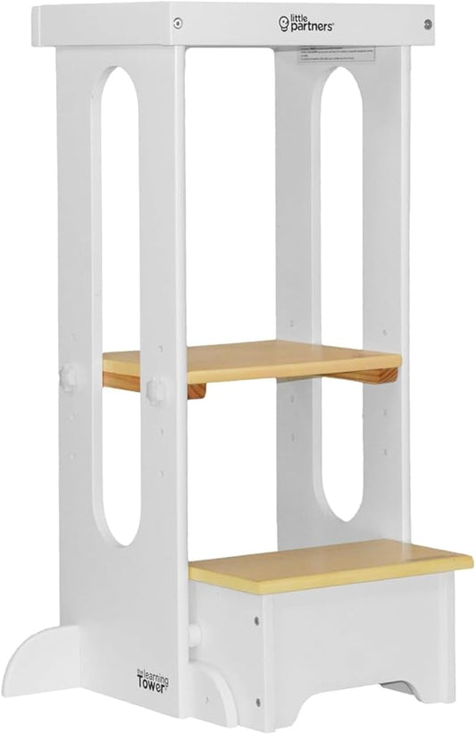 Little Partners Foldable Toddler Tower, Learning Tower Explore 'N Store Montessori Standing Kitchen Tower with Folding Step Stool Platform for Cooking and Learning, Ages 2+ (White w/Natural)