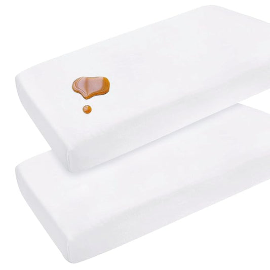 Pack and Play Sheets Waterproof, 2 Pack Cotton Mini Crib Sheets 38"x 25", Compatible with Graco Pack n Play, Dream on Me, Delta Portable Crib and Arms Reach Ideal Cosleeper, Baby Girl Boy, White