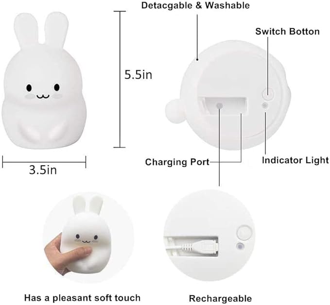 Rabbit Night Light for Kids, Bedside Lamp for Children, Baby Nursery Lamp for Breastfeeding Safe, Break Resistant, Adjustable Brightness & Color, Touch Control + Remote Control - Medium Rabbit