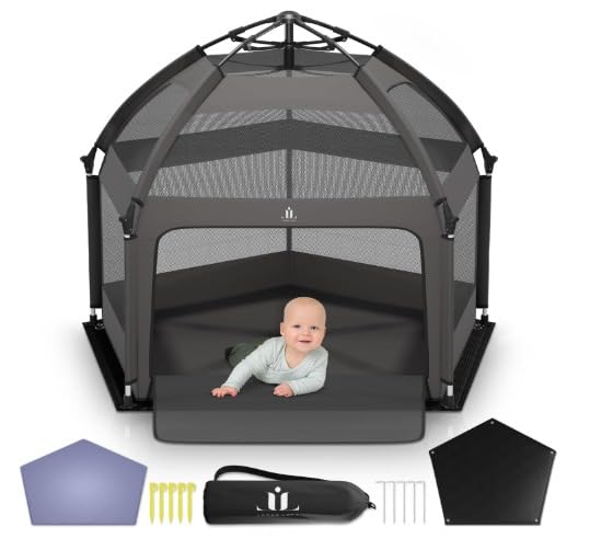 Pop-Up Playpen for Babies & Toddlers Foldable with Canopy (UPF 50), Self-Inflating Playmat, Wind Shade & Carry Bag Durable Baby Beach Tent, Outdoor
