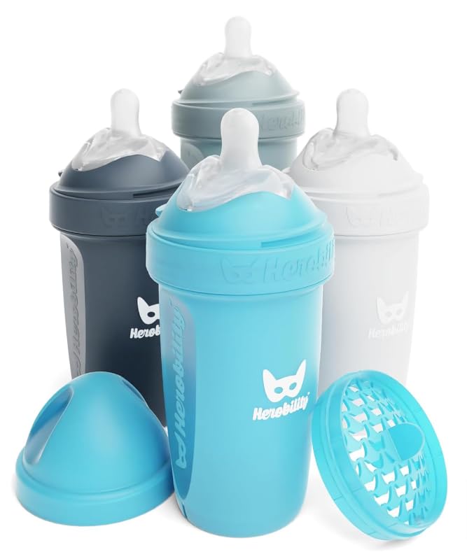 Herobility Double Anti-Colic Baby Bottles – 8.5 fl oz/240ml – 4-Pack – Multicolor - White, Gray, Iron Blue, Blue