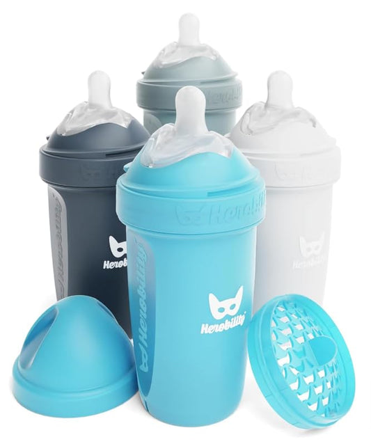 Herobility Double Anti-Colic Baby Bottles – 8.5 fl oz/240ml – 4-Pack – Multicolor - White, Gray, Iron Blue, Blue