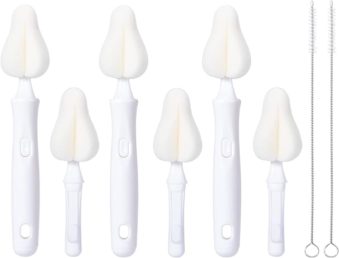 8 Pcs Sponge Nipple Bottle Brushes, Baby Bottle Brush with 3 Pcs Nipple Cleaner, 3 Pcs Replacement Heads and 2 Pcs Straw Brushes, White