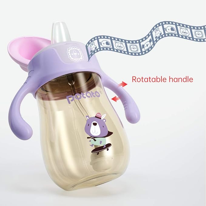 POTATO Sippy Cups For Toddlers with Straw Spill Proof, PPSU Learner Cup with Handle for Girl, Water Bottle for Baby 12 Months with 2 Type of Spout, 10 Ounce Pink