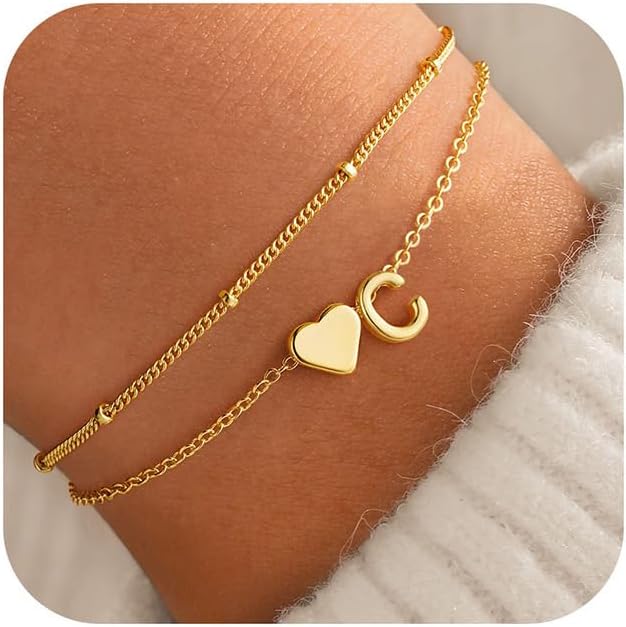 M MOOHAM Initial Heart Bracelets for Women - Layered Dainty 14K-Gold-Plated Heart Letter A-Z Charm Bracelets for Women, Chain Link Charm Bracelets Beaded Bracelets Birthday Gifts Womens Jewelry