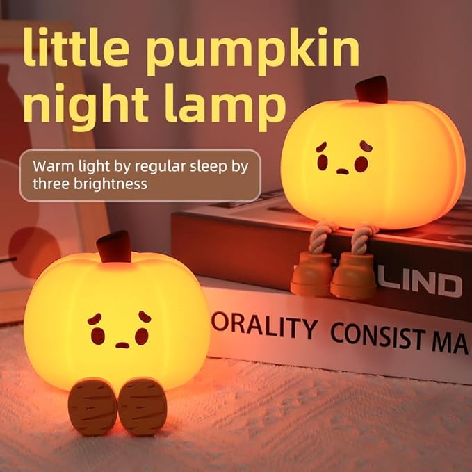 LED Pumpkin Night Light, 3 Level Dimmable Nursery Decor, Cute Lamp Silicone Squishy Light, Rechargeable Bedside Touch Lamp for Breastfeeding Toddler Baby Kids Decor