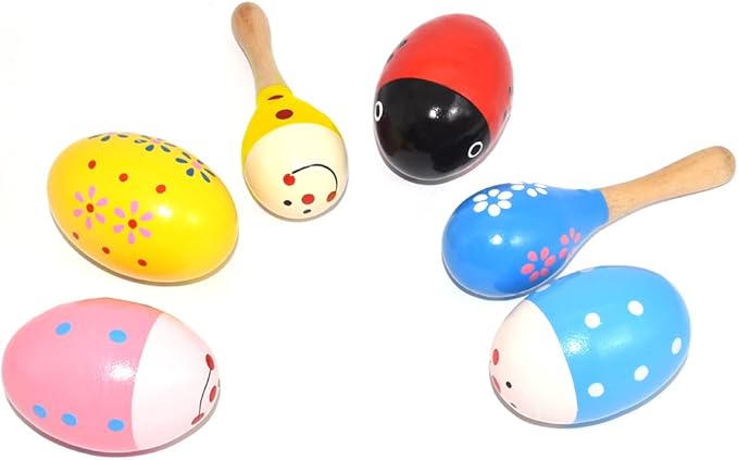 Wooden Easter Eggs Shakers Toys, Maracas Kids Hand Percussion Shakers Percussion Musical for Party Favors Kids Easter Basket Stuffers, 4 Pack Easter Eggs with 2 Shaker Sand Hammer Kit
