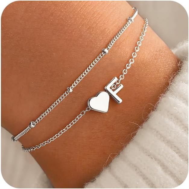 M MOOHAM Initial Heart Bracelets for Women - Layered Dainty 14K-Gold-Plated Heart Letter A-Z Charm Bracelets for Women, Chain Link Charm Bracelets Beaded Bracelets Birthday Gifts Womens Jewelry