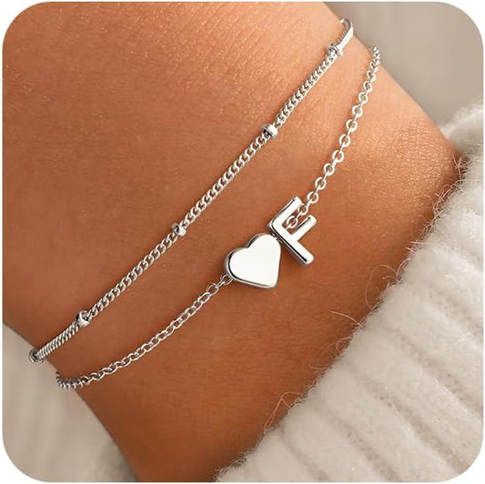 M MOOHAM Initial Heart Bracelets for Women - Layered Dainty 14K-Gold-Plated Heart Letter A-Z Charm Bracelets for Women, Chain Link Charm Bracelets Beaded Bracelets Birthday Gifts Womens Jewelry