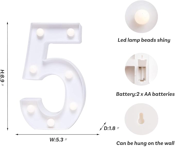 Foaky Decorative Led Marquee Light Up Number, Marquee Light Up Number Sign for Night Light Wedding Birthday Party Christmas Home Bar Decoration Number(5)