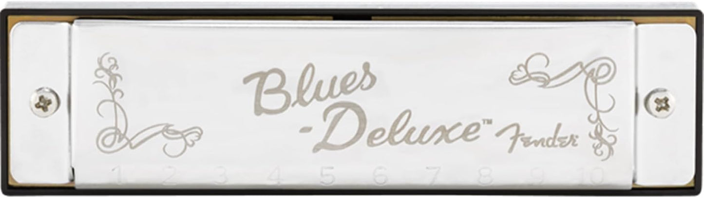 Fender Blues Deluxe Harmonica - Key of F Bundle with Carrying Case, Austin Bazaar Online Manual, and Polishing Cloth