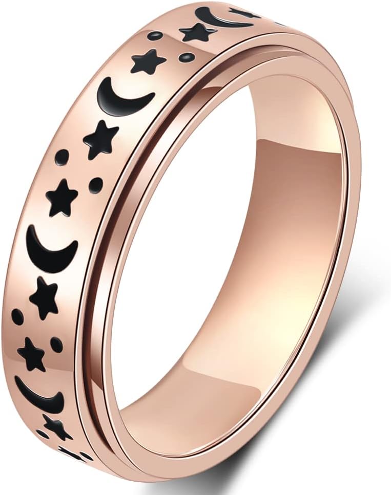 Anxiety Ring for Women Men, Titanium Stainless Steel Spinner Ring, 5 Colors, 6MM, Size 6-10, 3 Styles Anxiety Ring-Moon Star, Sandblasted Finished, Hollow Outer