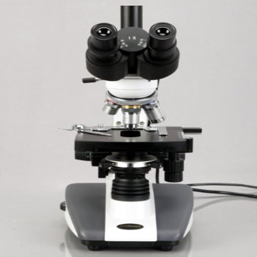 AmScope T360B-5M Digital Trinocular Compound Microscope, 40X-2000X Magnification, WF10x and WF20x Eyepieces, Brightfield, LED Illumination, Abbe Condenser, Double-Layer Mechanical Stage, Includes 5MP Camera with Reduction Lens and Software