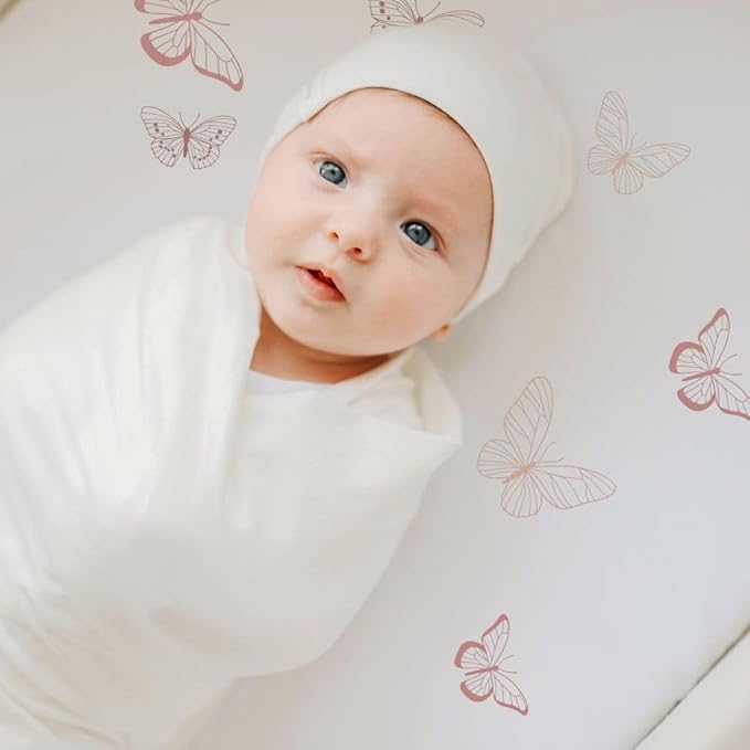 Ely’s & Co. Bassinet Sheets, Baby Girl Fitted Bassinet Mattress Sheet Set - 2 Pack, 100% Jersey Knit Cotton, fits Oval, Hourglass and Rectangle Mattress, Pink Butterly + Stripe, 32”x16”x3”